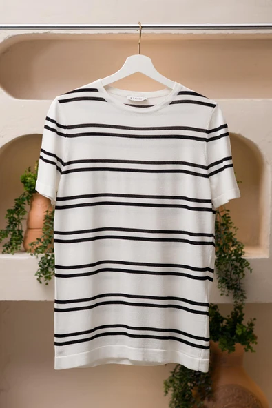 San&Fa Bisiklet Yaka Çizgili Rayon Kumaş Slimfit T-shirt ürün görseli 1