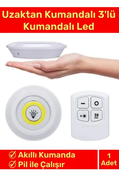 Deluxe Av Kamp Ev Okul Araba Otel Pilli Uzaktan Kumandalı Yapışkanlı Dayanıklı 3'Lü Led Spot 1 Adet ürün görseli 1