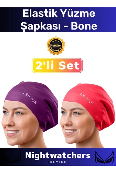 Deluxe Su Geçirmez Sızdırmaz Renkli Silikon Yüzücü Havuz Deniz Bone Elastik Yüzme Şapkası 2'li Set ürün görseli 1