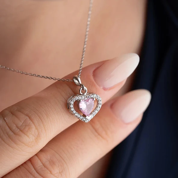 Vaoov 925 Ayar Gümüş Pembe Zirkon Taşlı Kalp Hediye Kolye ürün görseli 1