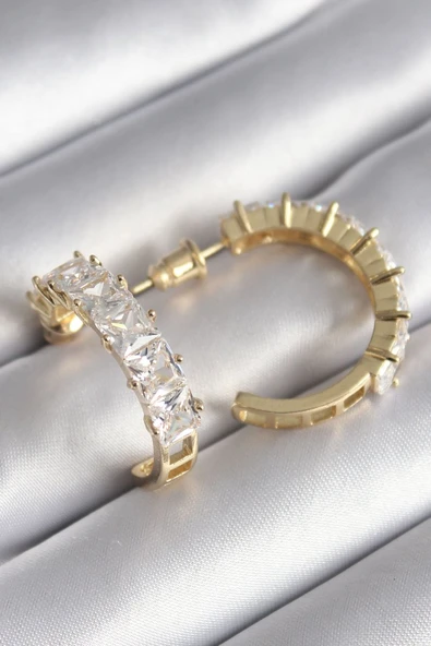 Pirinç Gold Renk Zirkon Taşlı Halka Model Kadın Küpe - TJ-BKP8609 ürün görseli 1