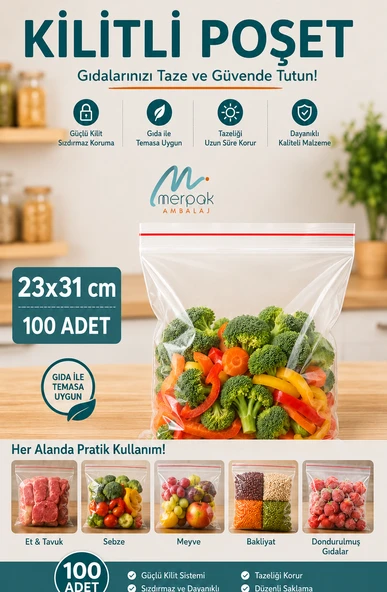 Kilitli Torba 23x31 Cm 100'lü Kilitli Buzdolabı Poşeti Şeffaf Naylon Torba Kilitli Saklama Poşeti ürün görseli 1
