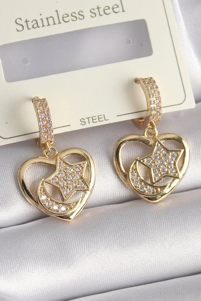 Pirinç Gold Renk Zirkon Taşlı Kalp Model Ay Yıldız İşleme Kadın Küpe - TJ-BKP9737 ürün görseli 1