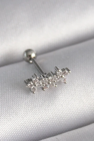 316L Çelik Gümüş Renk Zirkon Taşlı Yonca Tragus Piercing - TJ-PR1255 ürün görseli 1