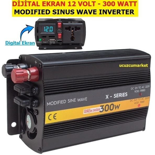 GERÇEK DEĞER DİJİTAL EKRAN 12 VOLT - 300 WATT MODIFIED SINUS WAVE INVERTER (12V - 220V Çevirici) ürün görseli 1