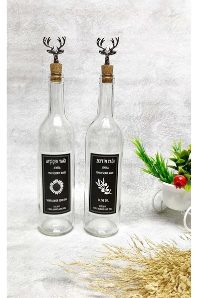 Jenisa Şeffaf Cam Şişe Siyah Etiketli Siyah Geyik Mantar Tıpalı 2li 750 Ml Yağdanlık ürün görseli 1