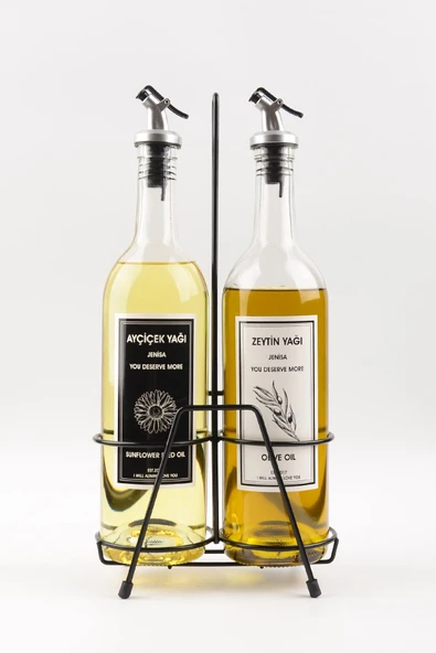 Jenisa 2'li 750 Ml Zeytinyağı Sıvıyağ Şişesi Cam Yağdanlık Siyah Stantlı Akıtıcılı Yağlık 750ml ürün görseli 1
