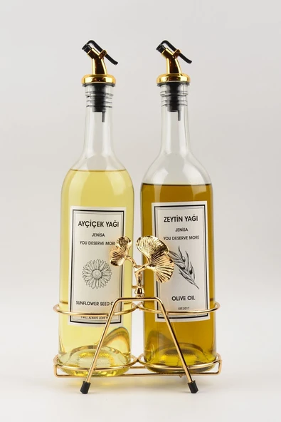 Jenisa Altın Standlı Ginkgo Figürlü 750Ml Şeffaf Şişe Altın Akıtıcılı Etiketli Yağlık Yağdanlık ürün görseli 1
