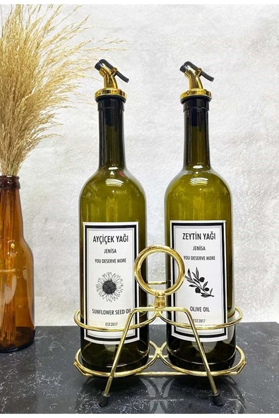 Jenisa Altın Standlı Yuvarlak Figürlü 750Ml Yeşil Amber Şişe Altın Akıtıcılı Etiketli Yağlık Yağdanlık ürün görseli 1