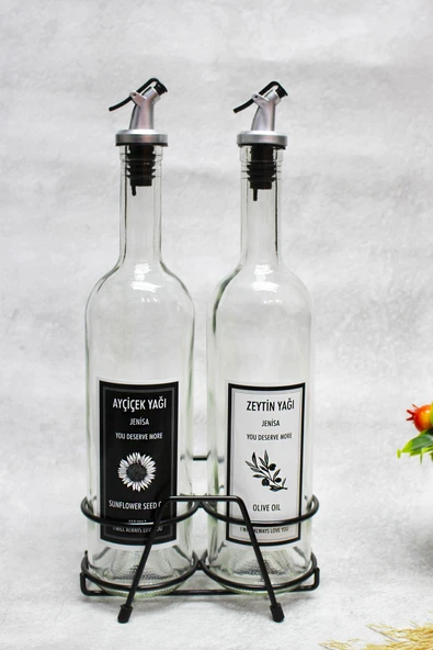 Jenisa Siyah Stantlı 2'li 750 Ml Zeytinyağı Sıvıyağ Şişesi Cam Yağdanlık Akıtıcılı Yağlık 750ml ürün görseli 1