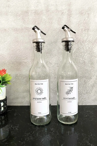 Jenisa Şeffaf Cam 375 Ml Şişe Etiketli Akıtıcılı Yağlık Yağdanlık Set ürün görseli 1