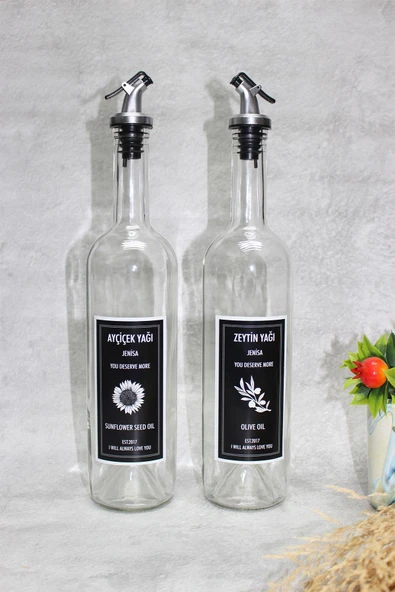 Jenisa Dibi Çukur Şeffaf Cam Şişe Etiketli 2'li 750 Ml Zeytinyağı Sıvıyağ Şişesi Yağdanlık ürün görseli 1