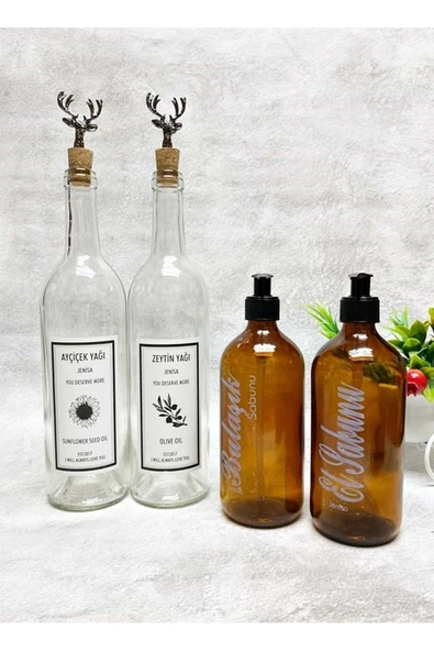 Jenisa Geyik Mantar Tıpalı Şeffaf Şişe 750ml Yağlık 2li 500ml Amber Sabunluk Mutfak Yağlık Sabunluk Set ürün görseli 1