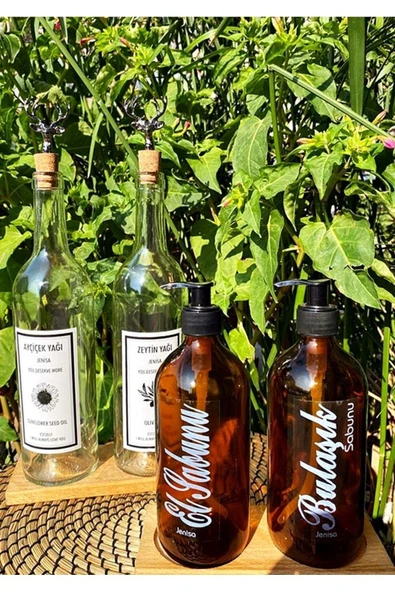 Jenisa Ahşap Standlı 2li Şeffaf Geyik Tıpalı 750ml 2li 500ml Amber Yağdanlık Sabunluk Set ürün görseli 1