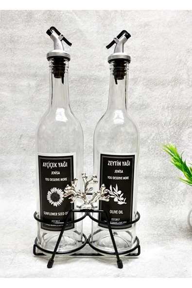 Jenisa Gümüş Mercan Kısa Stant 2 Adet Şeffaf 750 Ml Etiketli Akıtıcılı Yağdanlık Yağlık ürün görseli 1