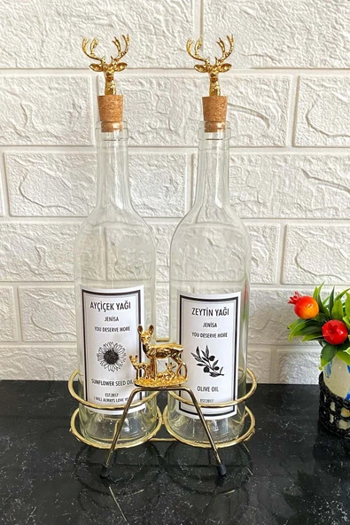 Jenisa Altın Renk Geyik Ailesi Aksesuarlı Altın Stantlı 750ml Cam Şişe Yağdanlık Yağlık ürün görseli 1