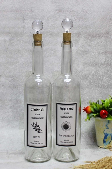 Jenisa 2 Adet Şeffaf Dibi Çukur 750 Ml Etiketli Yuvarlak Elmas Mantar Tıpalı Yağlık Yağdanlık ürün görseli 1