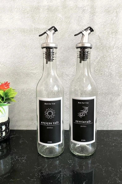 Jenisa Şeffaf Cam 375 Ml Şişe Etiketli Akıtıcılı Yağlık Yağdanlık Set ürün görseli 1