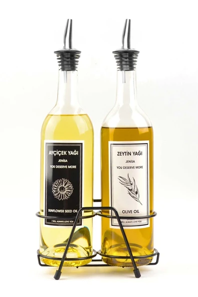Jenisa 750 ml 2'li Yağlık Seti  Çelik Akıtmaz Tıpalı Standlı Şeffaf Cam Yağdanlık - Siyah Beyaz ürün görseli 1
