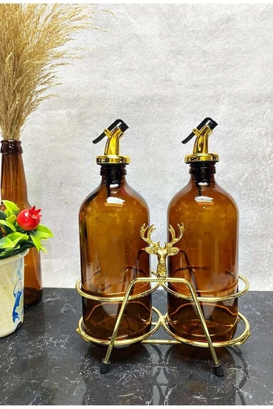 Jenisa Altın Standlı Geyik Figürlü 500Ml Amber Şişe Altın Akıtıcılı Yağlık Yağdanlık ürün görseli 1