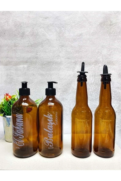 Jenisa 2li Akıtıcılı 330 Cc Yağlık 2li 500ml Amber Etiket Sabunluk Mutfak Yağlık Sabunluk Set ürün görseli 1