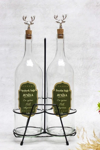 Jenisa 2 Adet Gümüş Geyik Tıpalı Stantlı Şeffaf Cam 1500ml Etiketli Yağlık Yağdanlık ürün görseli 1