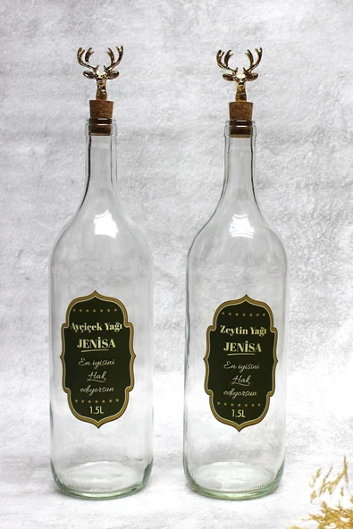 Jenisa 2 Adet Altın Geyik Tıpalı Şeffaf Cam 1500ml Etiketli Yağlık Yağdanlık ürün görseli 1