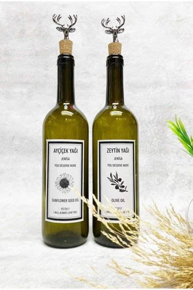 Jenisa 2 Adet Siyah Geyik Mantar Tıpalı Yeşil 750 Ml Şişe Beyaz Etiket Yağlık Yağdanlık ürün görseli 1