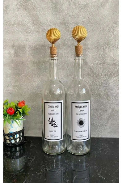 Jenisa 2 Adet Şeffaf 750 Ml Etiketli Şişe Altın İstiridye Tıpalı Yağdanlık Set ürün görseli 1