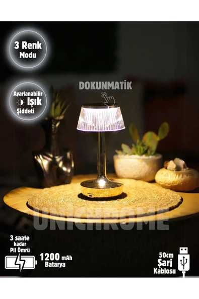 3 Işık Renkli Şarjlı Masa Lambası Dim Edilebilir Gold Metal Görünümlü Gece Lambası B80 ürün görseli 1