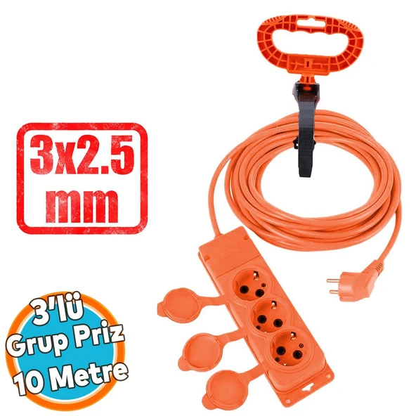 Seyyar Topraklı Kapaklı 3'lü Grup Priz Fiş 10 Metre CCA Uzatma Kablosu 3x2.5 mm Monofaze Çoğaltıcı ürün görseli 1