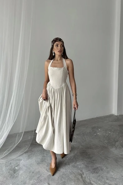 Bej Boyundan Bağlamalı Keten Elbise - Resim 3
