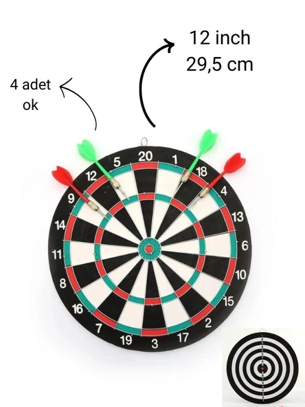 12 İnç Dart Tahtası  Mini Boy Çift Taraflı Dart Oyun Seti  4 Oklu ürün görseli 1