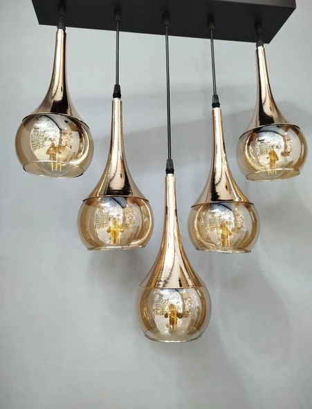 5 Lİ SARI CAMLI METAL AVİZE - Resim 3