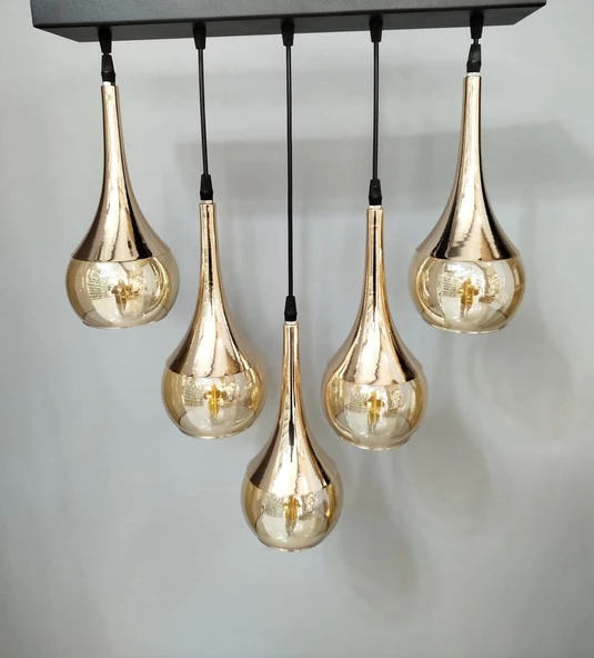 5 Lİ SARI CAMLI METAL AVİZE ürün görseli 1