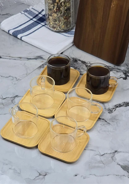 6lı Kahve Fincan Takımı - Bambu Tabaklı Kahve Fincan Seti - 12 Parça - 100 ML ürün görseli 1