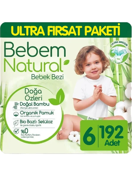 Bebem Natural Bebek Bezi Ultra Fırsat Paketi Maxi 6 Numara 192 Adet (64 x 3 Paket) ürün görseli 1