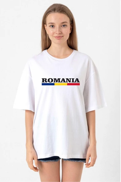 Romania Flag Lettern Beyaz Kadın Oversize Tshirt ürün görseli 1