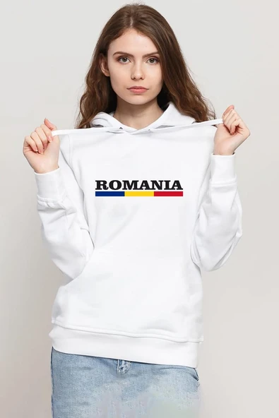 Romania Flag Lettern Beyaz Kadın 3ip Kapşonlu Sweatshirt ürün görseli 1