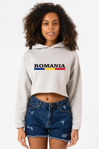 Romania Flag Lettern Grimelanj Kadın Crop Kapşonlu ürün görseli 1