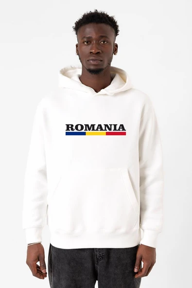 Romania Flag Lettern Beyaz Erkek 3ip Kapşonlu Sweatshirt ürün görseli 1