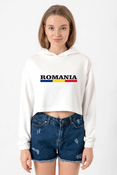 Romania Flag Lettern Ekru Kadın Crop Kapşonlu ürün görseli 1