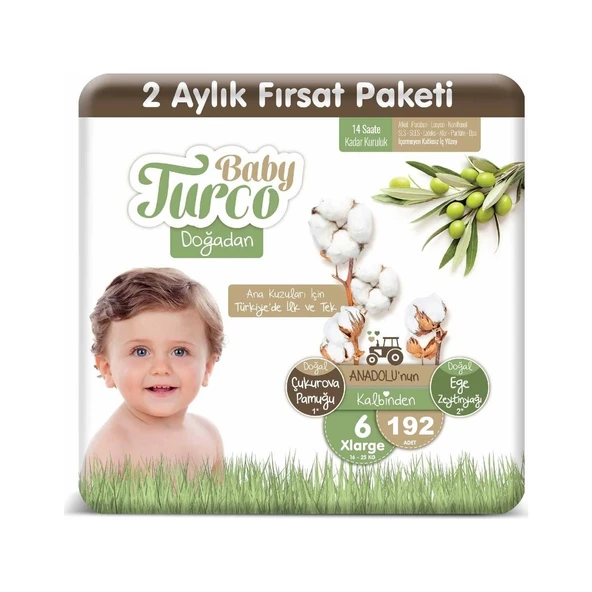 Baby Turco Bebek Bezi Doğadan Beden:6 (16-25 kg) Xlarge 192 Adet Süper Aylık Paket ürün görseli 1