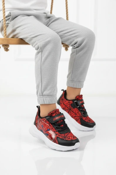 Siyah Kırmızı Fileli Cırtlı Unisex Çocuk Spor Ayakkabı ürün görseli 1