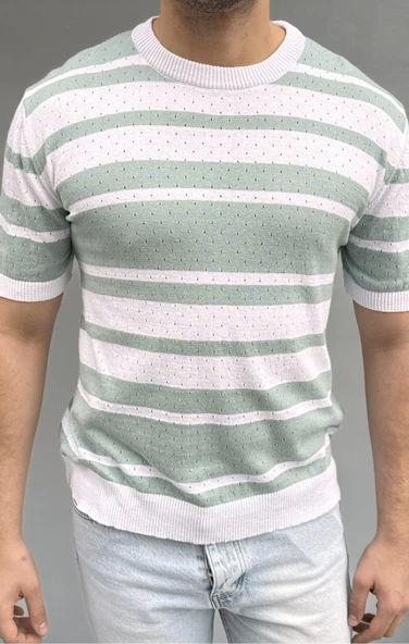 Çizgi Detay Delikli Triko T-shirt - Resim 5