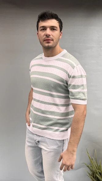 Çizgi Detay Delikli Triko T-shirt - Resim 2