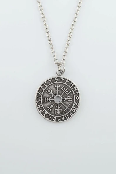 Vegvisir Pusula - Viking Sembol Gümüş Kaplama Düz Zincir Kolye ürün görseli 1