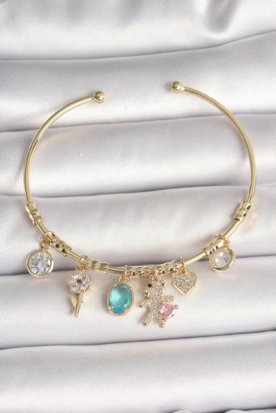 Pirinç Gold Renk Sallantı Zirkon Taşlı AYıcık Figür Kalp Detay Charm Kadın Bileklik - TJ-BB6894 ürün görseli 1