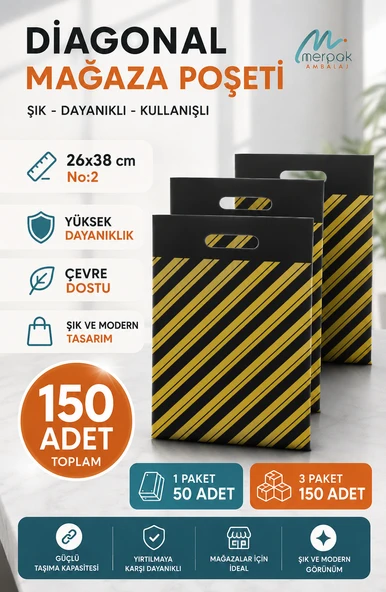 Çizgili Mağaza Poşeti (NO 2) 150 Adet 26x38 Cm Çizgili Takviyeli Poşet Diagonal Poşet ürün görseli 1
