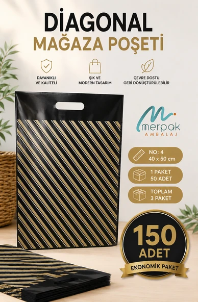 Çizgili Mağaza Poşeti (NO 4) 150 Adet 40x50 Cm Çizgili Takviyeli Poşet Diagonal Poşet ürün görseli 1